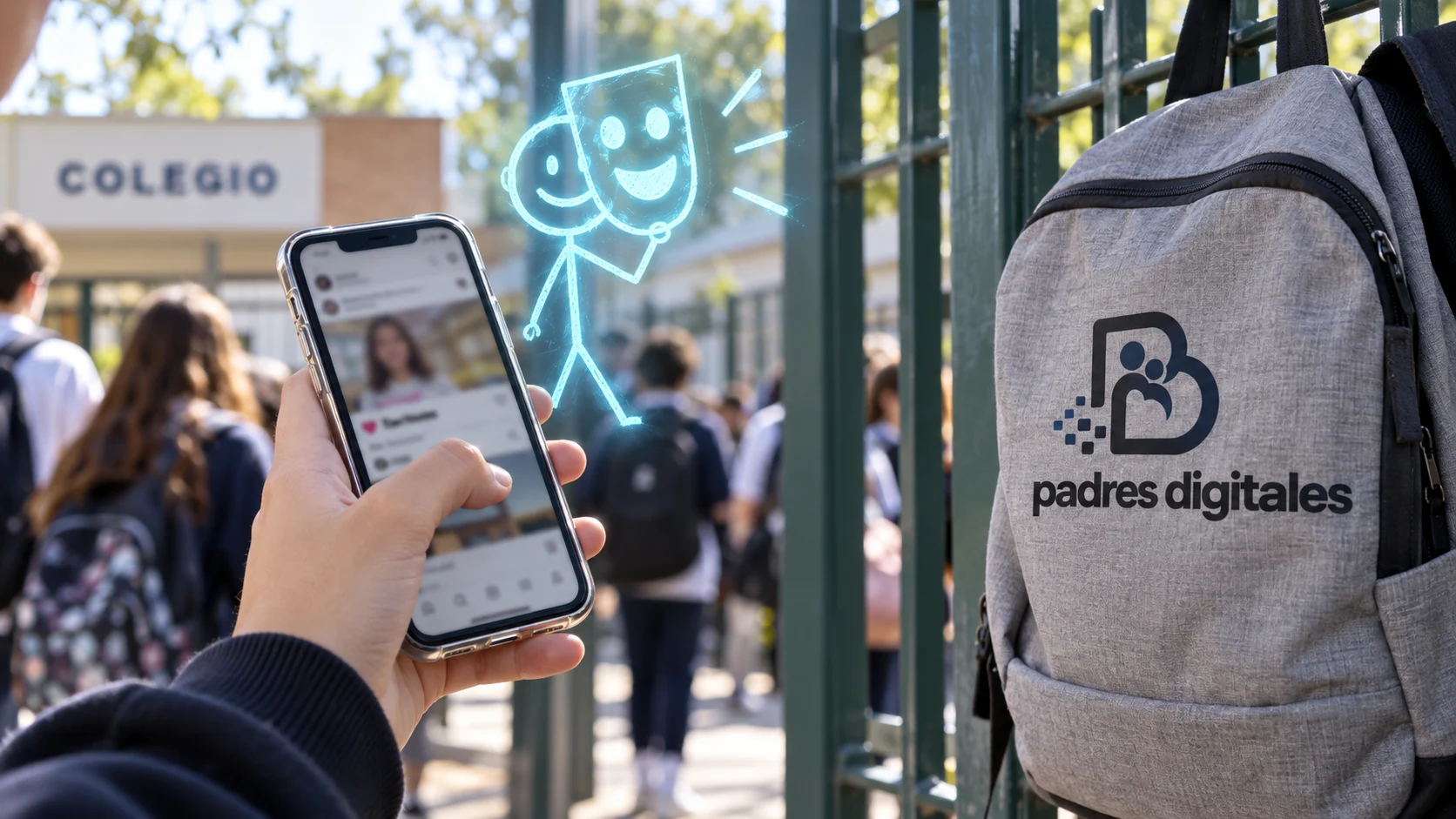 Mano de adolescente con un móvil a la entrada del colegio y un holograma de dibujo meme flotando al lado, logo de Padres Digitales en la mochila