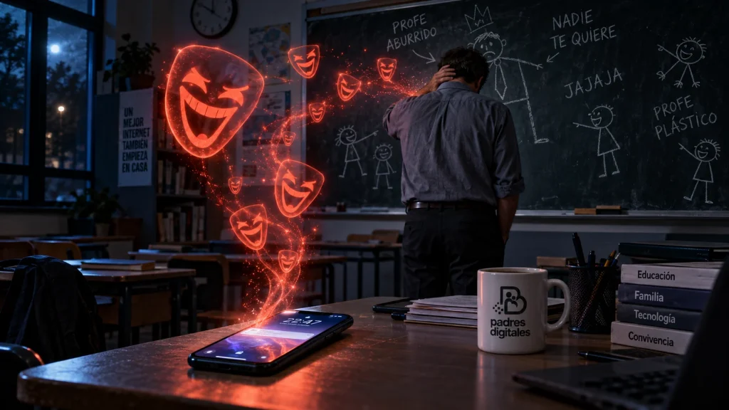 Profesor de espaldas avergonzado ante una pizarra llena de caricaturas burlonas de tiza mientras máscaras de troll holográficas salen de un móvil, taza con el logo de Padres Digitales