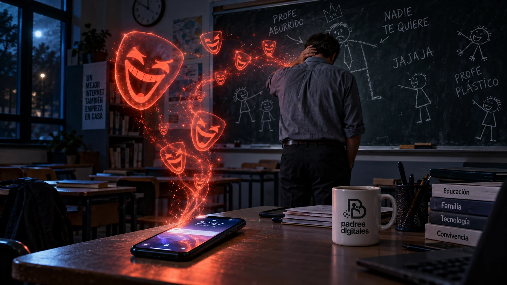 Profesor de espaldas avergonzado ante una pizarra llena de caricaturas burlonas de tiza mientras máscaras de troll holográficas salen de un móvil, taza con el logo de Padres Digitales