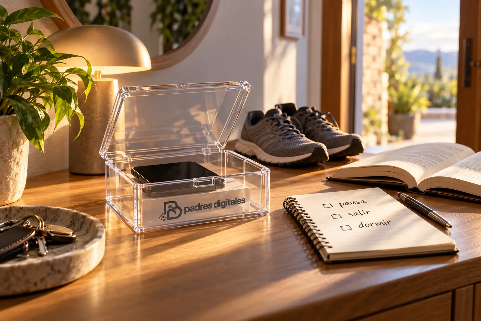 Caja transparente para dejar el móvil, zapatillas, libro y lista de pausa digital con logo gris de Padres Digitales