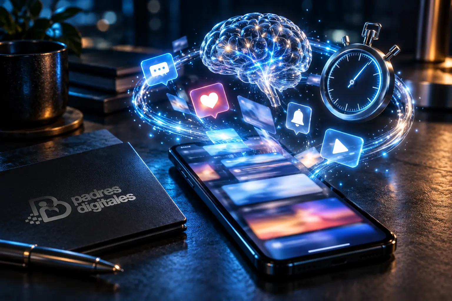 Móvil con notificaciones luminosas, cerebro de cristal y cronómetro sobre una mesa con logo gris de Padres Digitales