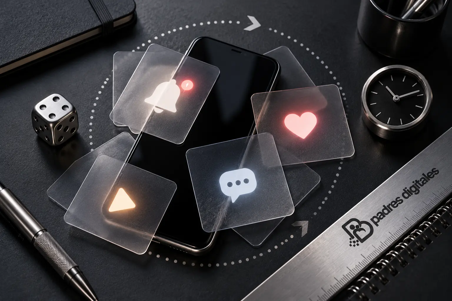Móvil rodeado de notificaciones, un dado y un reloj para explicar recompensas variables en redes sociales