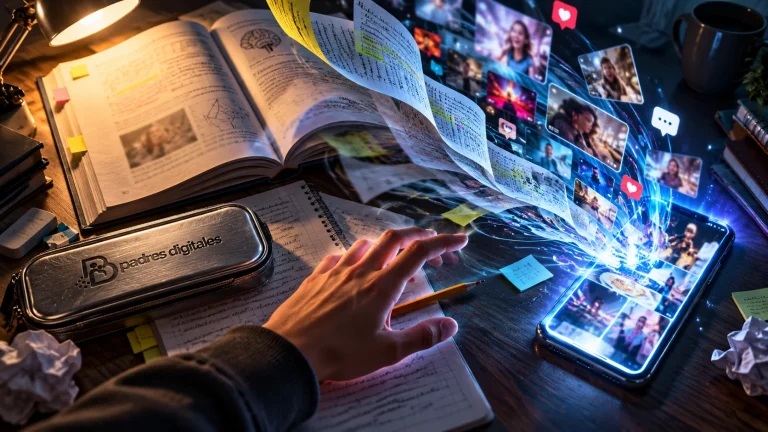 Móvil como vórtice de avisos absorbiendo apuntes de un escritorio con logo gris de Padres Digitales integrado
