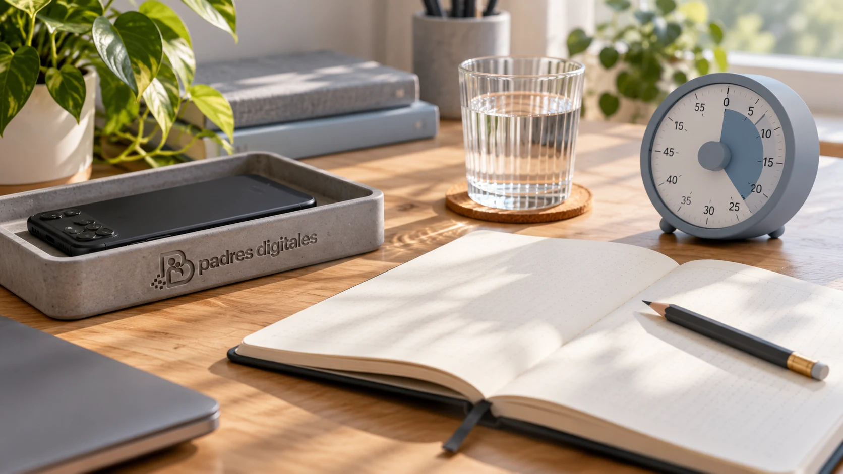 Mesa de estudio con móvil apartado, temporizador y logo gris de Padres Digitales integrado
