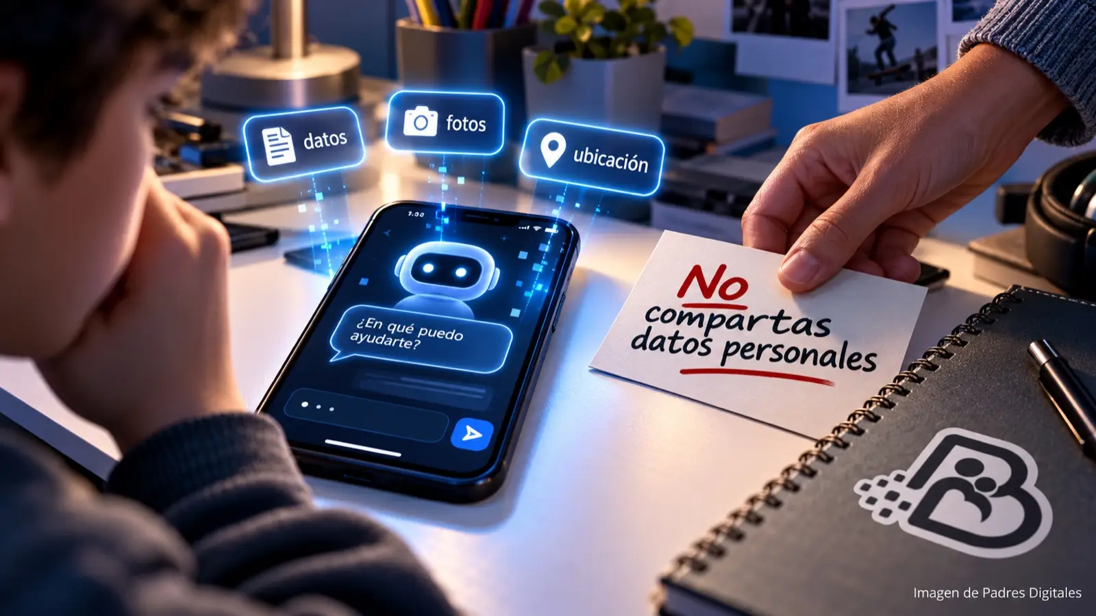 Teléfono con IA y avisos sobre datos, fotos y ubicación para menores