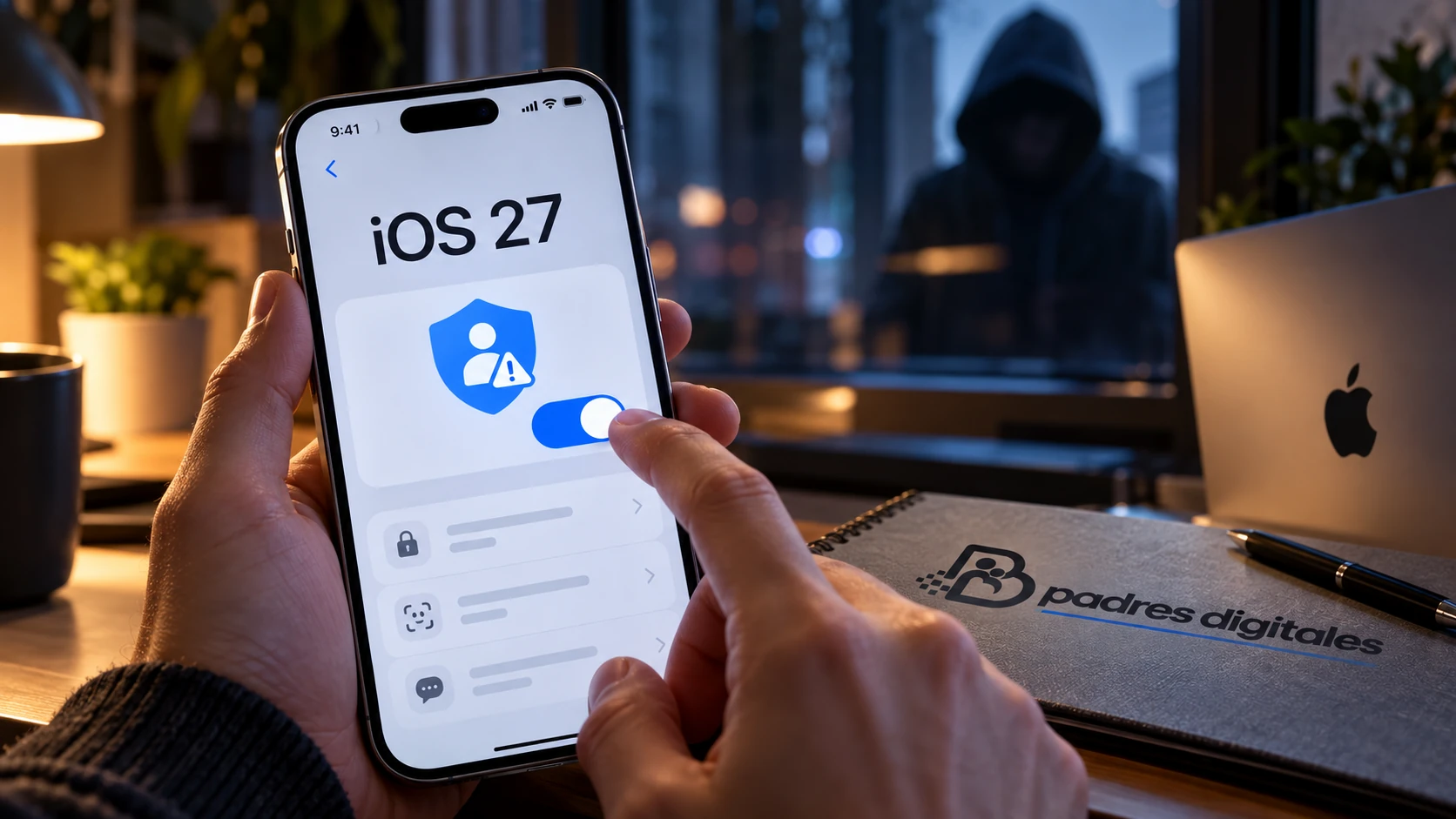 Usuario activa una función de seguridad de iOS 27 mientras una amenaza digital queda al fondo.