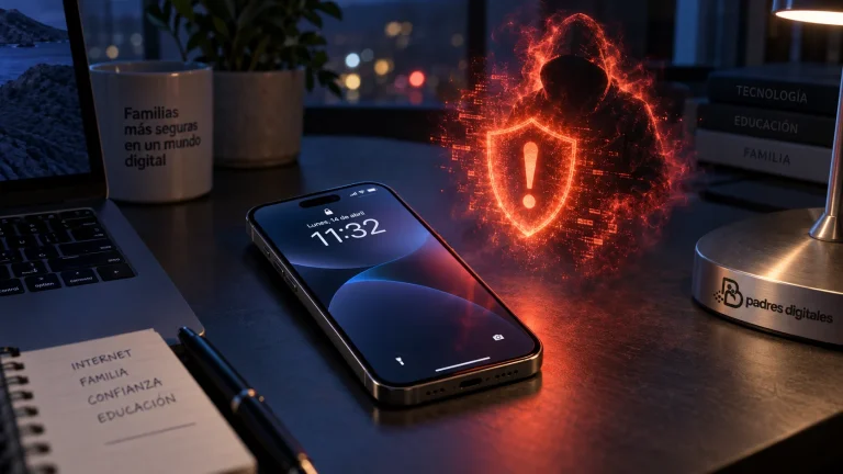 iPhone real sobre un escritorio oscuro con un holograma rojo de suplantador y escudo de alerta flotando en el aire a su lado, logo de Padres Digitales en la base de la lámpara