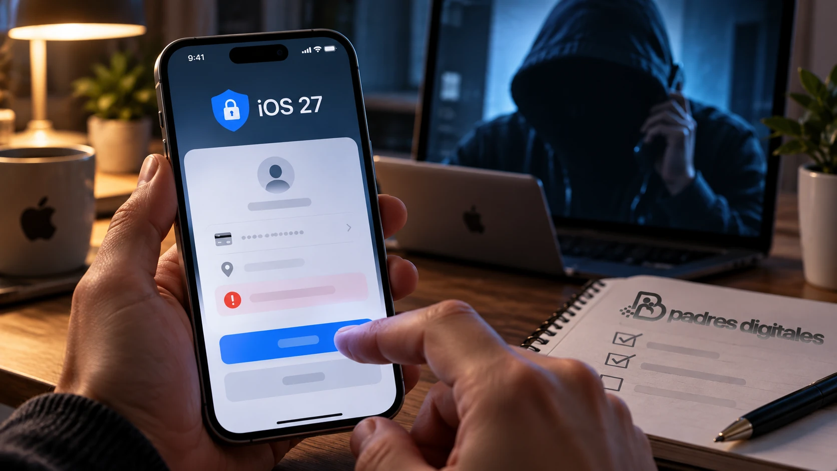 iPhone con iOS 27 ante una acción sensible de pago o cambio de cuenta y una posible suplantación.