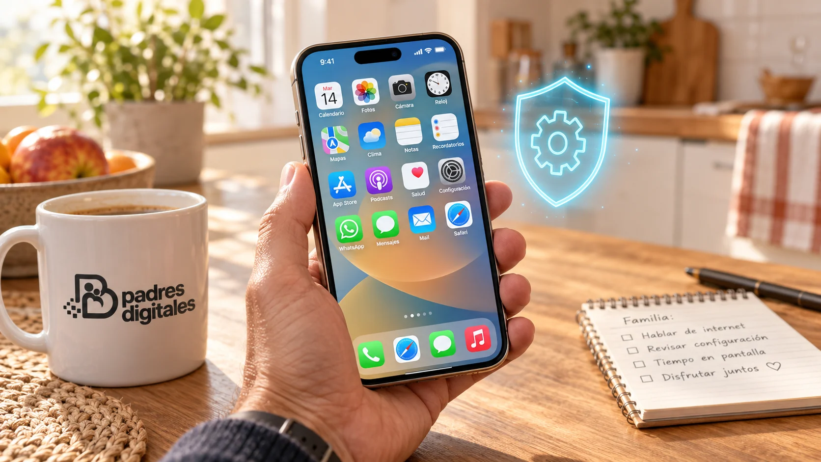Mano sosteniendo un iPhone con su pantalla de inicio y un holograma de escudo con engranaje flotando al lado, taza con el logo de Padres Digitales