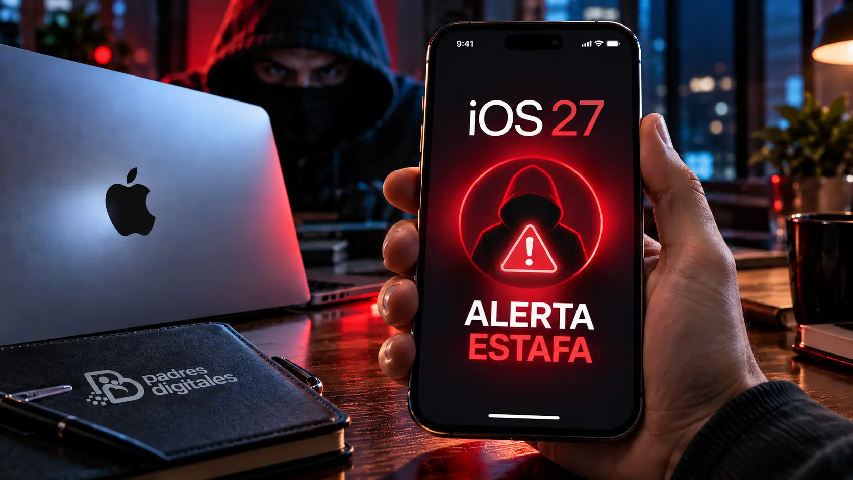 iPhone con iOS 27 mostrando una alerta de estafa junto a un MacBook con el logotipo de Apple, una figura encapuchada al fondo y el logotipo de Padres Digitales integrado en un cuaderno.