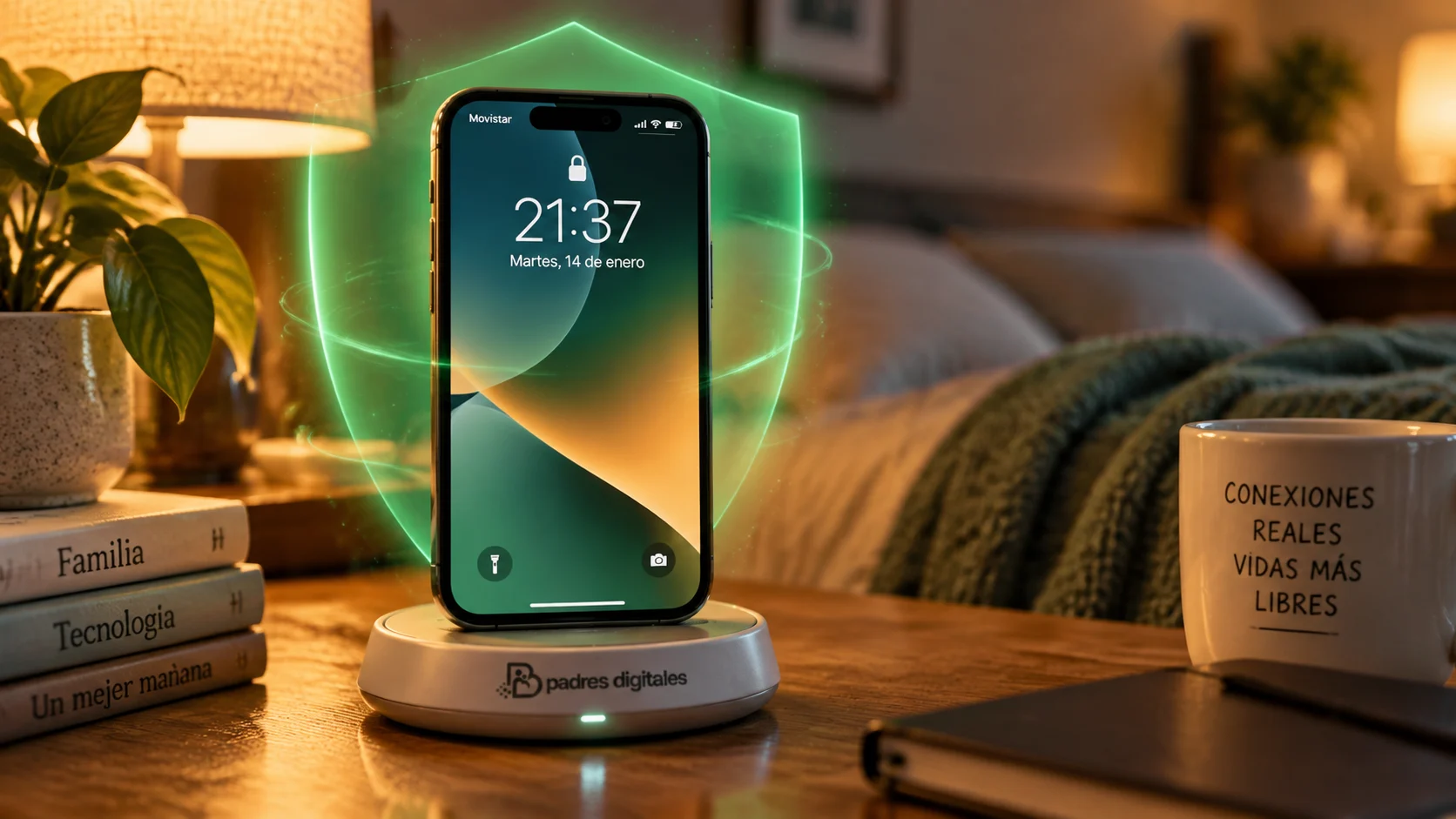 iPhone en base de carga envuelto por un aura verde de protección que flota en el aire, logo de Padres Digitales en la base
