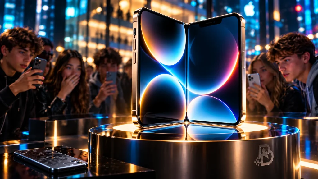 iPhone Duo plegable iluminado en un entorno de lanzamiento rodeado de adolescentes