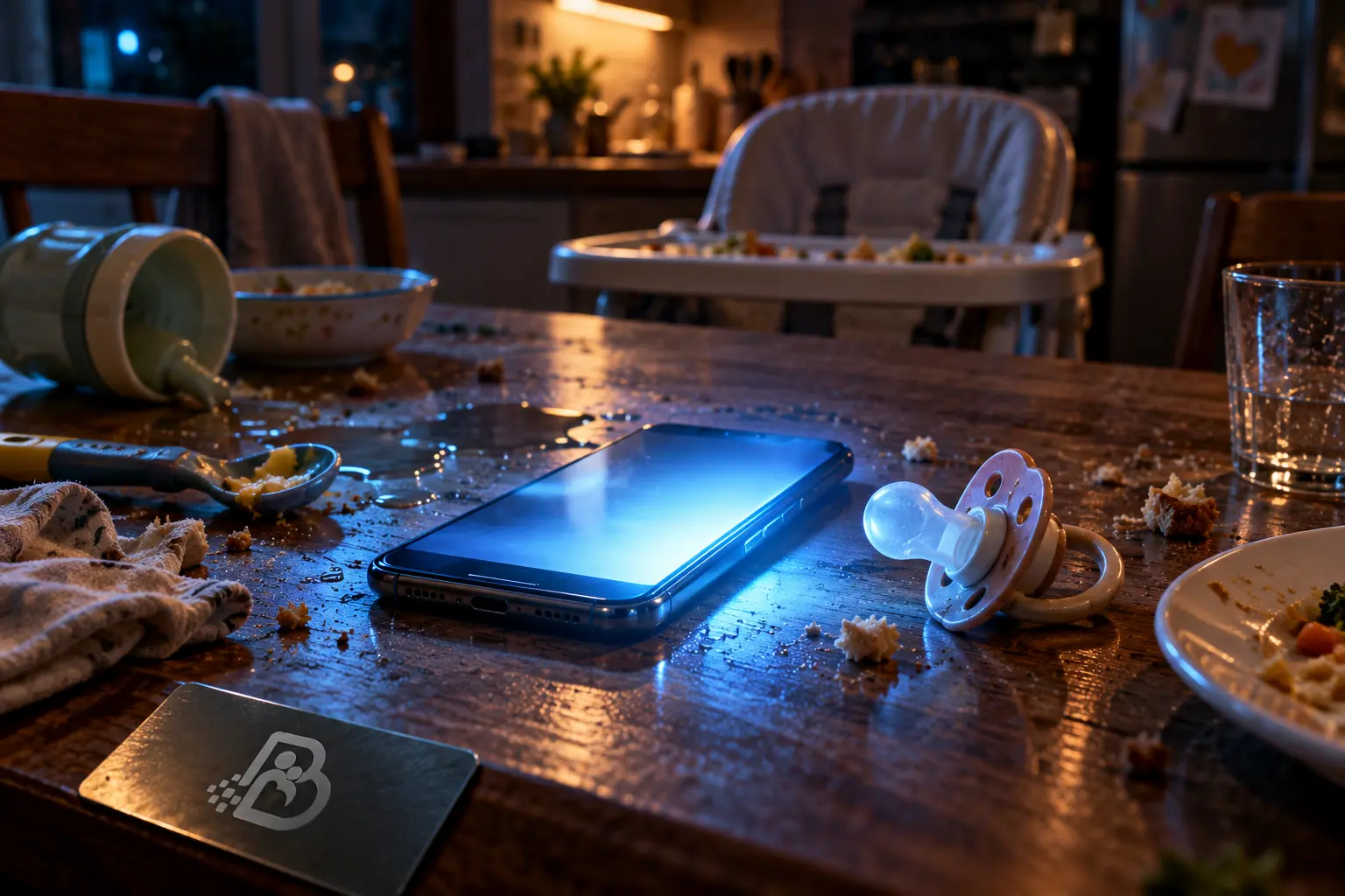 Móvil y chupete real en una mesa familiar desordenada con símbolo PD de Padres Digitales