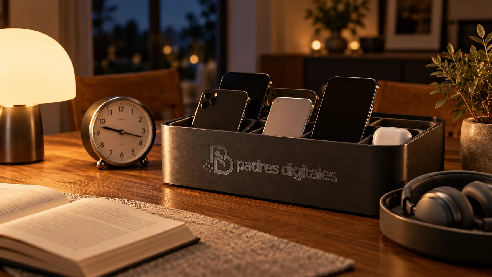 Caja familiar de carga con varios móviles fuera del dormitorio y logo gris de Padres Digitales integrado