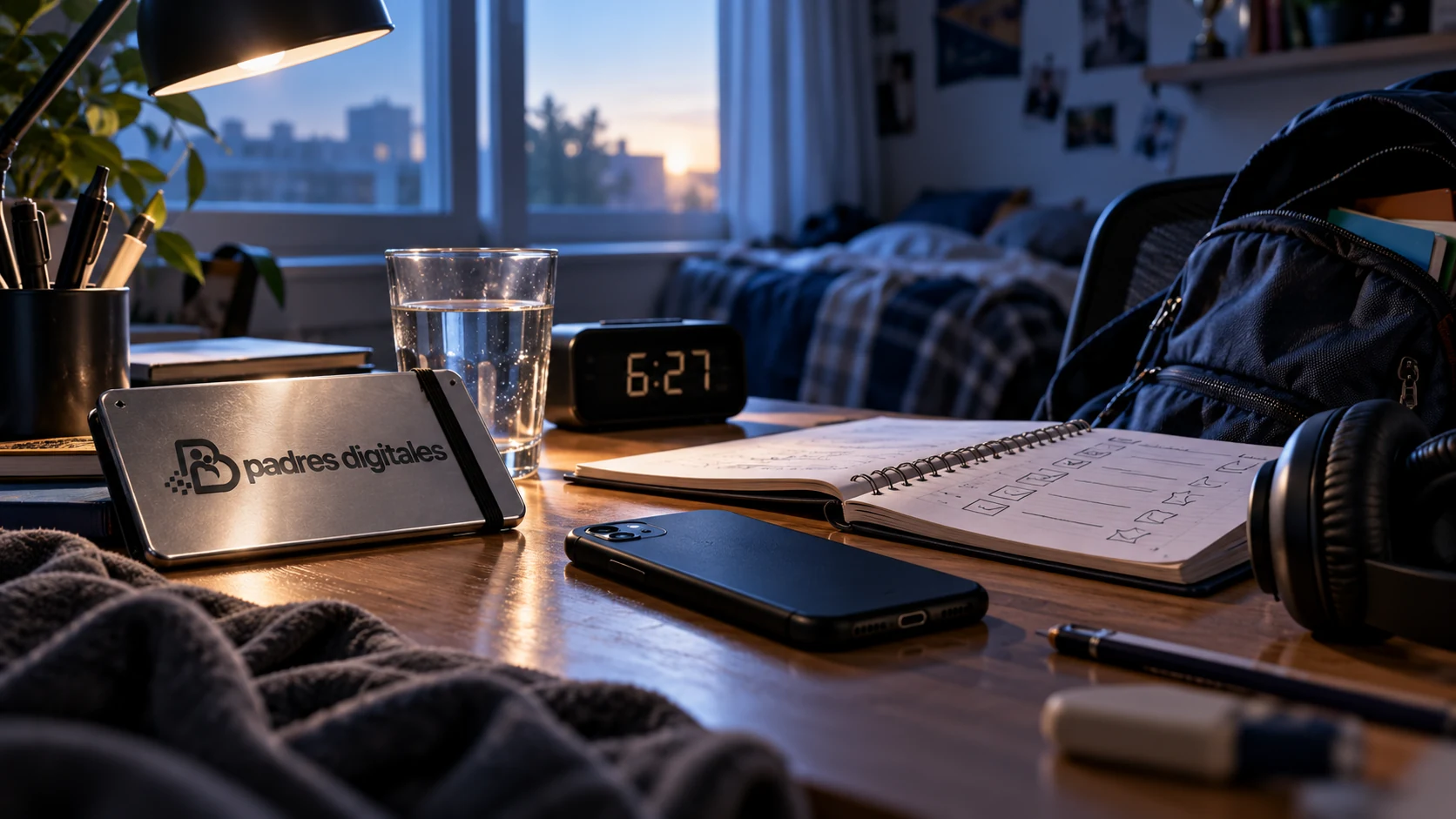 Escritorio de adolescente al amanecer con móvil boca abajo, despertador y logo gris de Padres Digitales integrado
