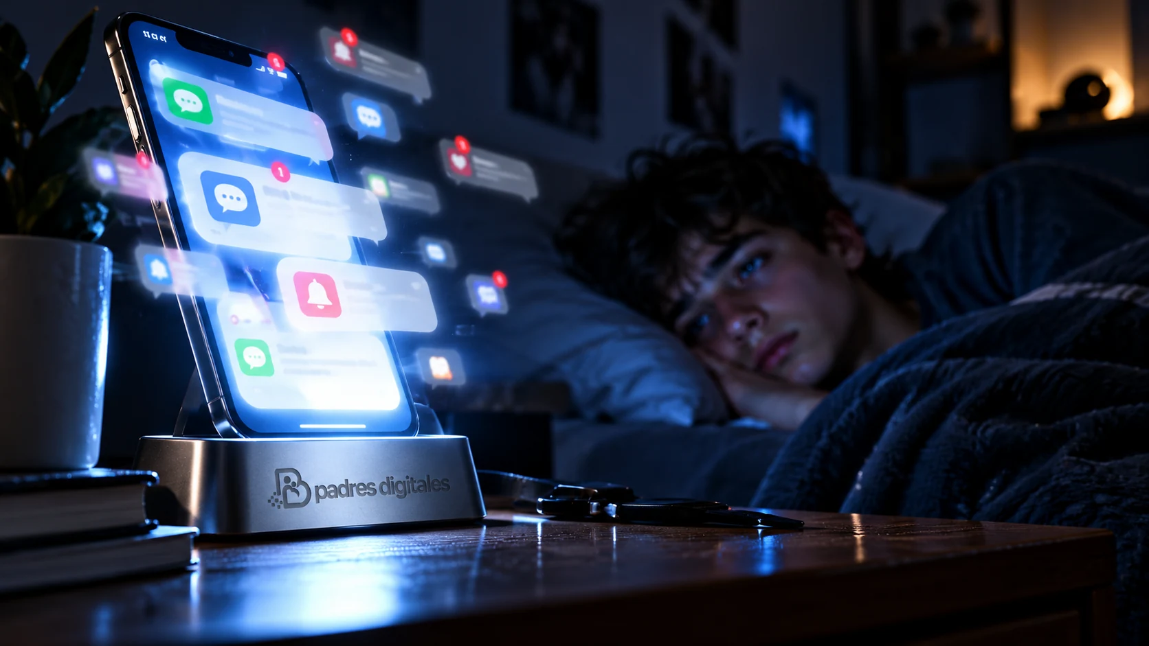 Smartphone iluminando de noche la habitación de un adolescente cansado con el logo gris de Padres Digitales integrado en una base de carga
