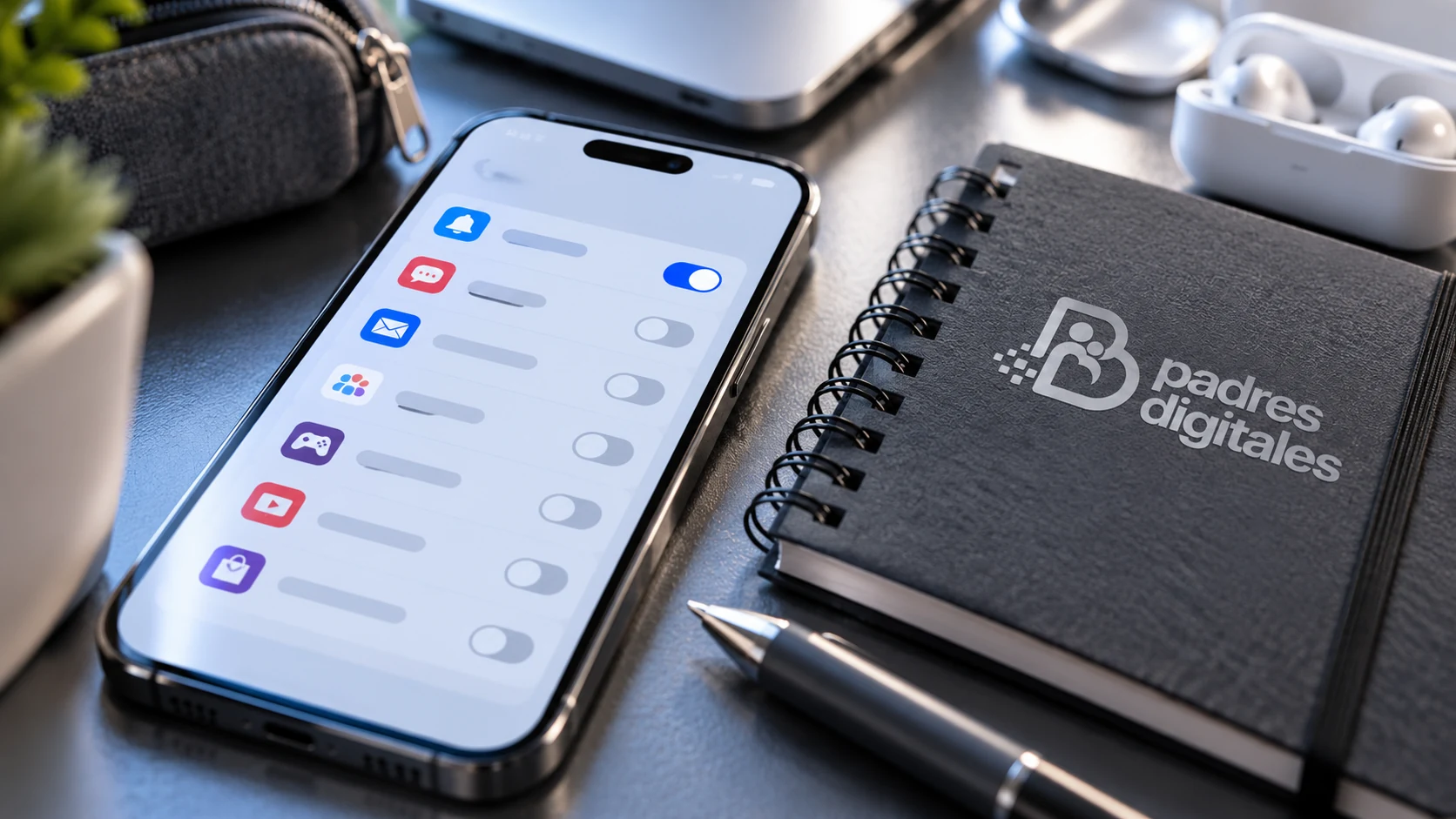 Pantalla de ajustes de notificaciones desenfocada junto a libreta familiar con logo gris de Padres Digitales integrado