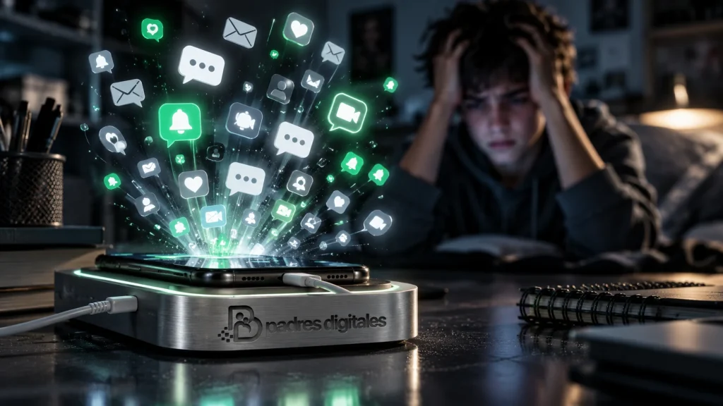 Móvil explotando en avisos luminosos mientras un adolescente aparece saturado al fondo con el logo gris de Padres Digitales integrado en la base