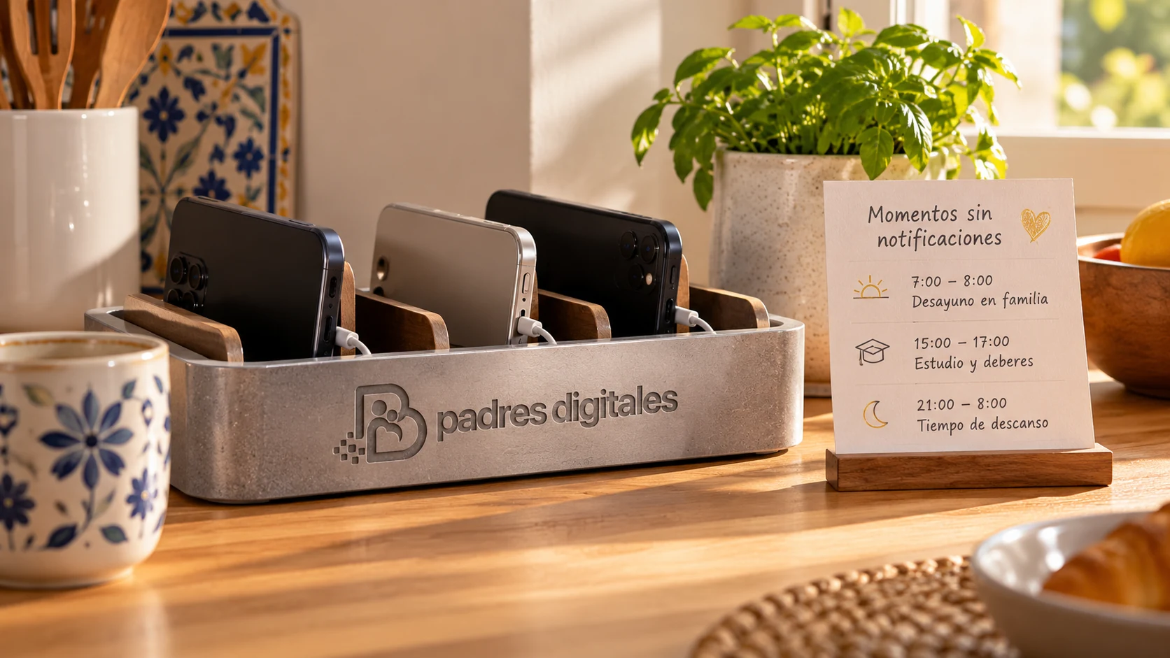 Estación familiar de carga y rutina doméstica para silenciar avisos con el logo gris de Padres Digitales integrado