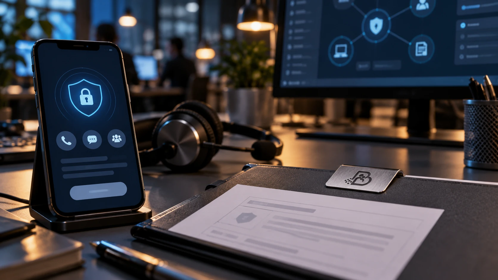 Espacio de asistencia y registro de una incidencia digital con un teléfono seguro y un ordenador de apoyo.