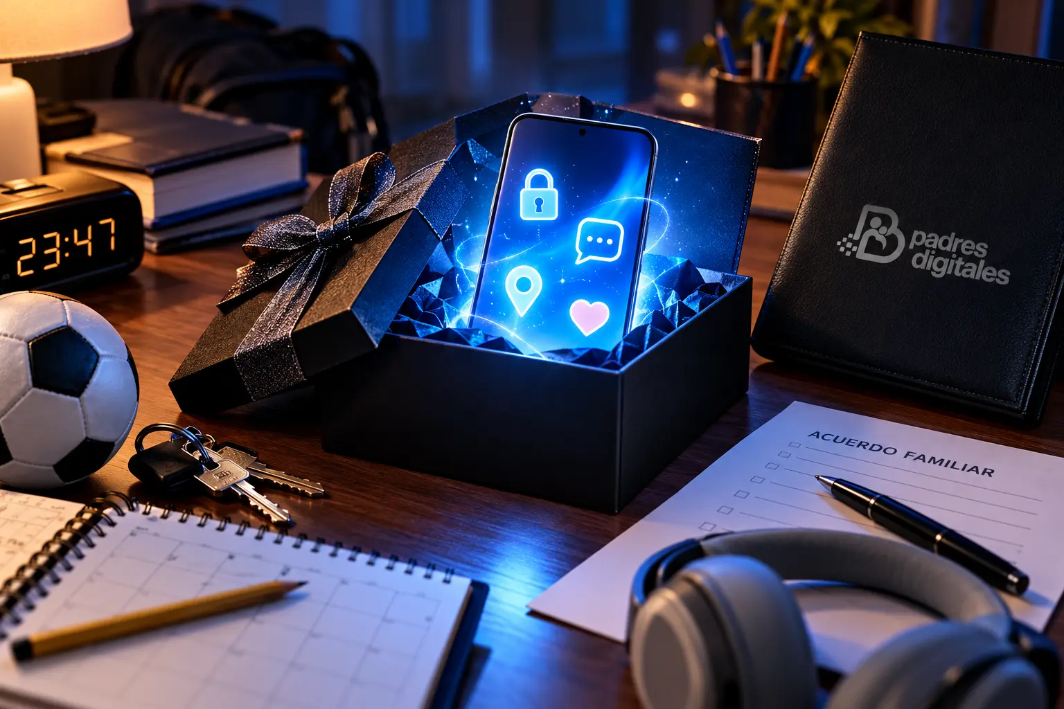 Caja de regalo con un smartphone iluminado, contrato familiar y logo gris de Padres Digitales en una carpeta