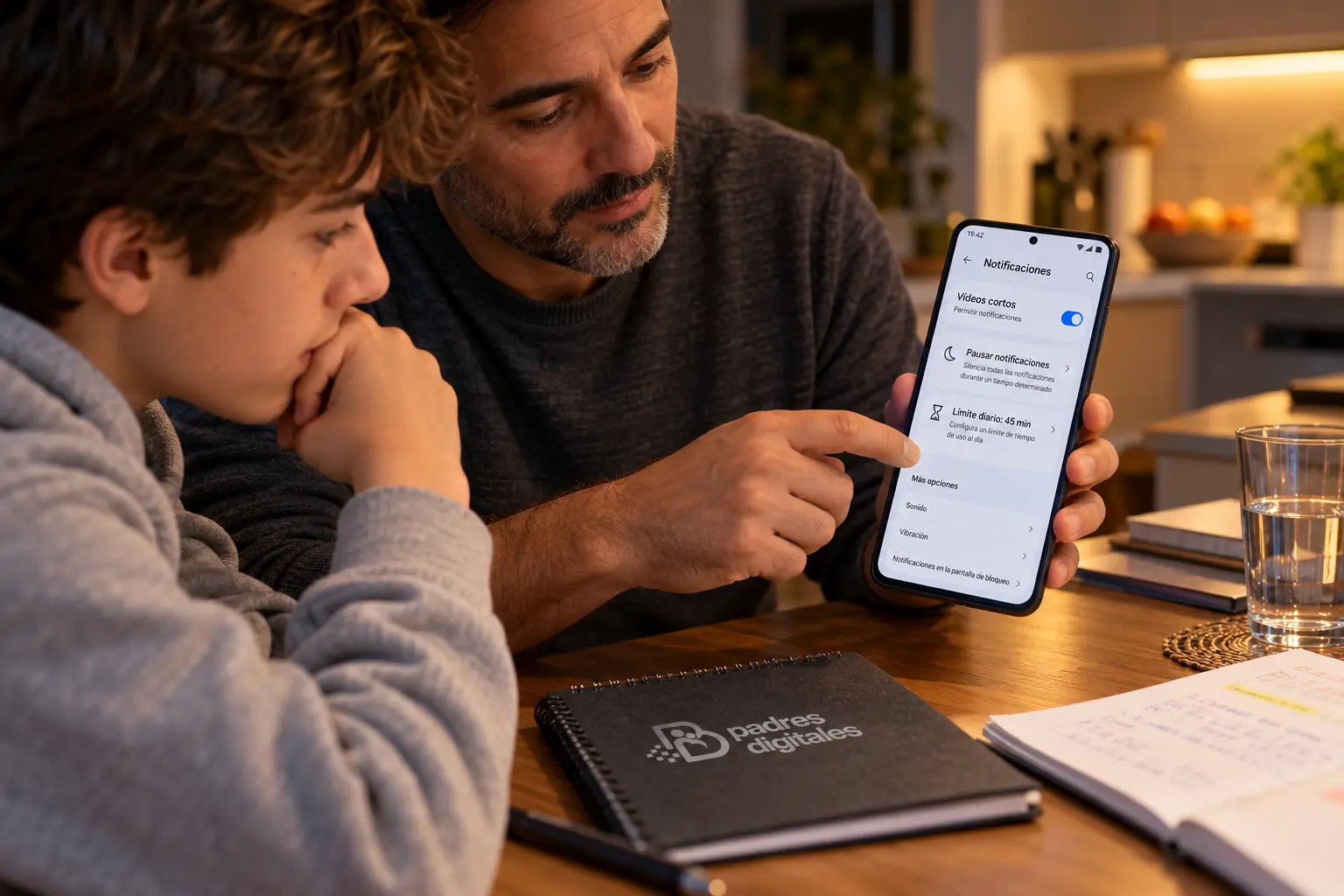 Padre e hijo revisando notificaciones y límite diario de vídeos cortos en un móvil