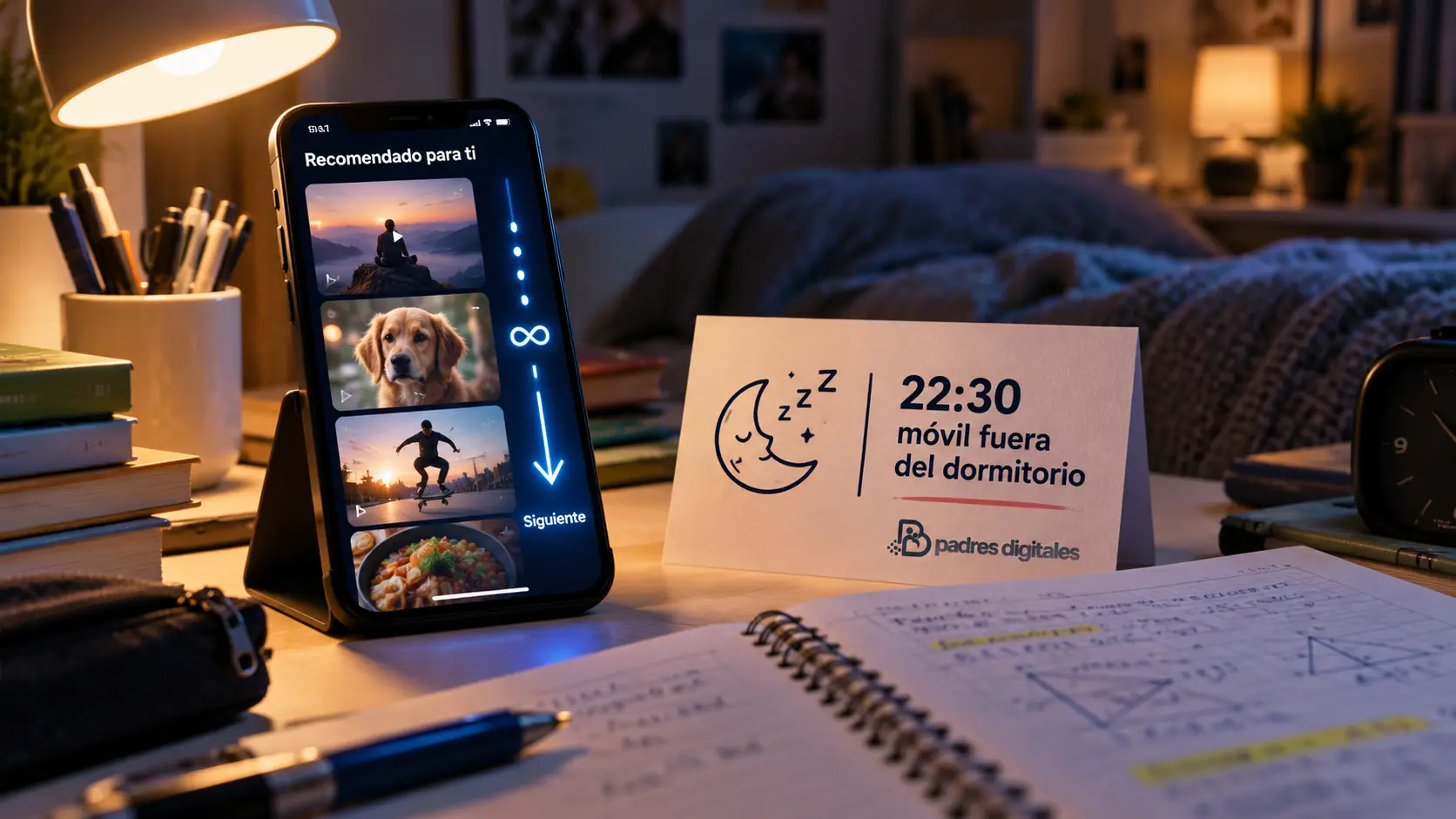 Móvil con recomendaciones infinitas junto a una norma familiar de móvil fuera del dormitorio a las 22:30