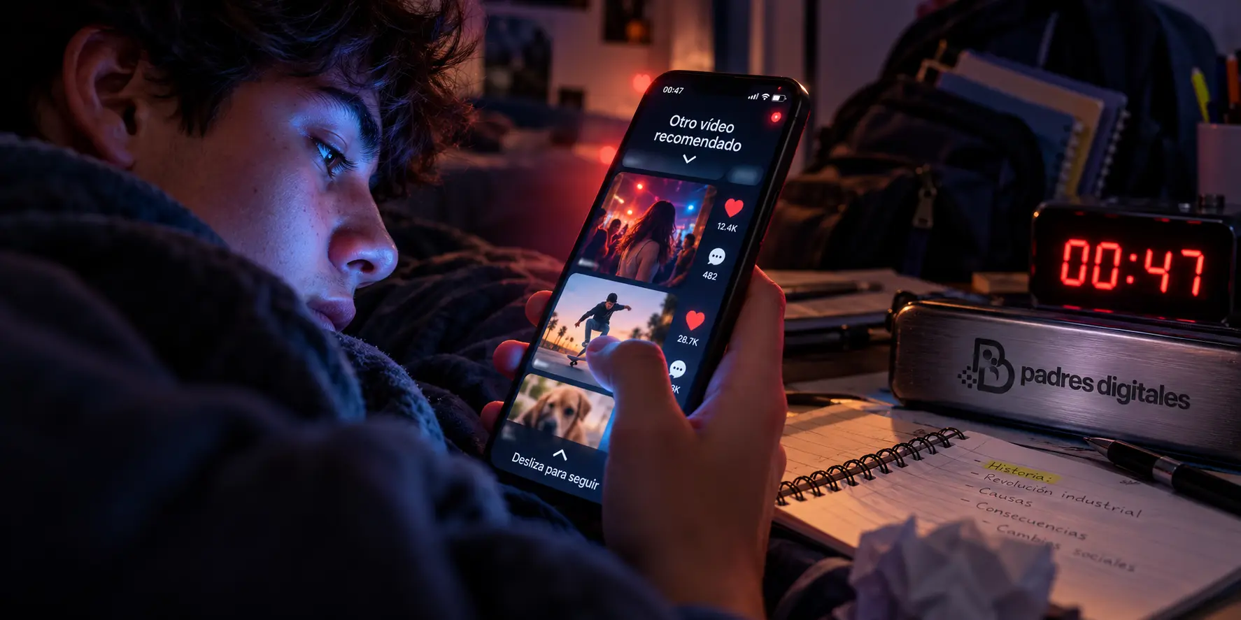 Adolescente usando una red social con scroll infinito de noche junto a un reloj que marca las 00:47