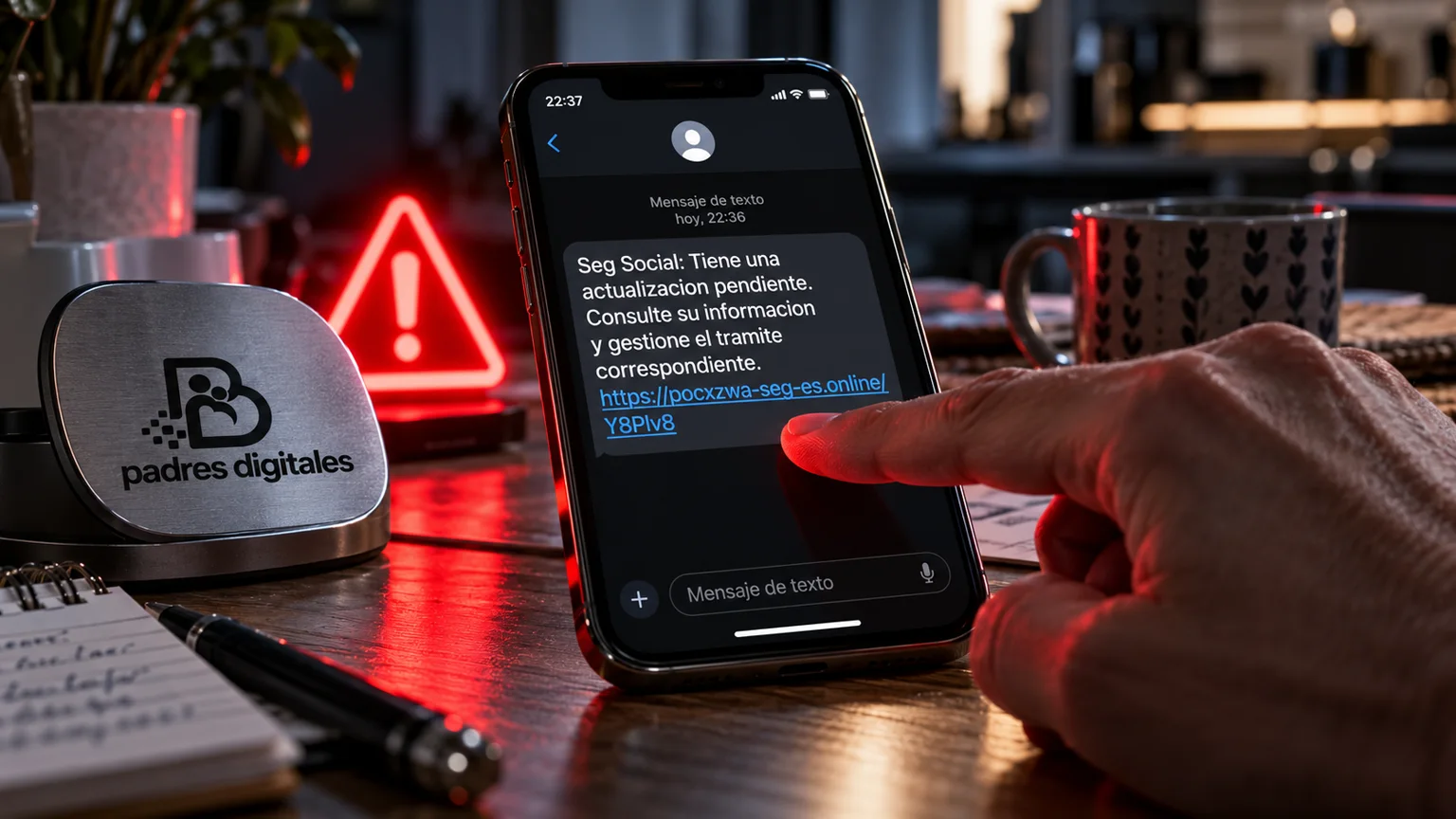 Móvil con SMS falso de la Seguridad Social sobre una actualización pendiente y logo de Padres Digitales integrado en una base metálica