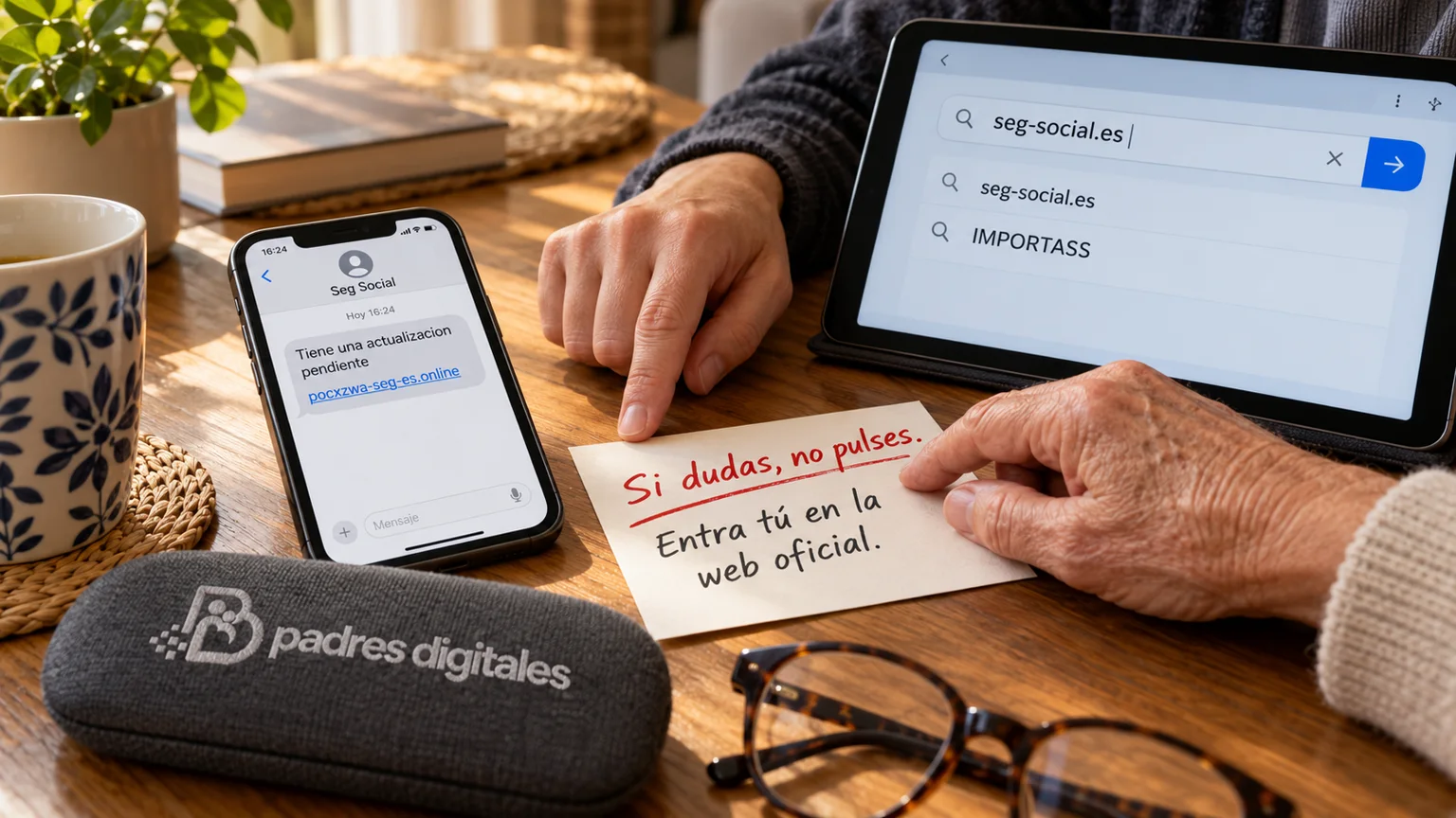 Manos de una persona mayor revisando un SMS sospechoso de Seguridad Social con ayuda familiar y logo de Padres Digitales en una funda