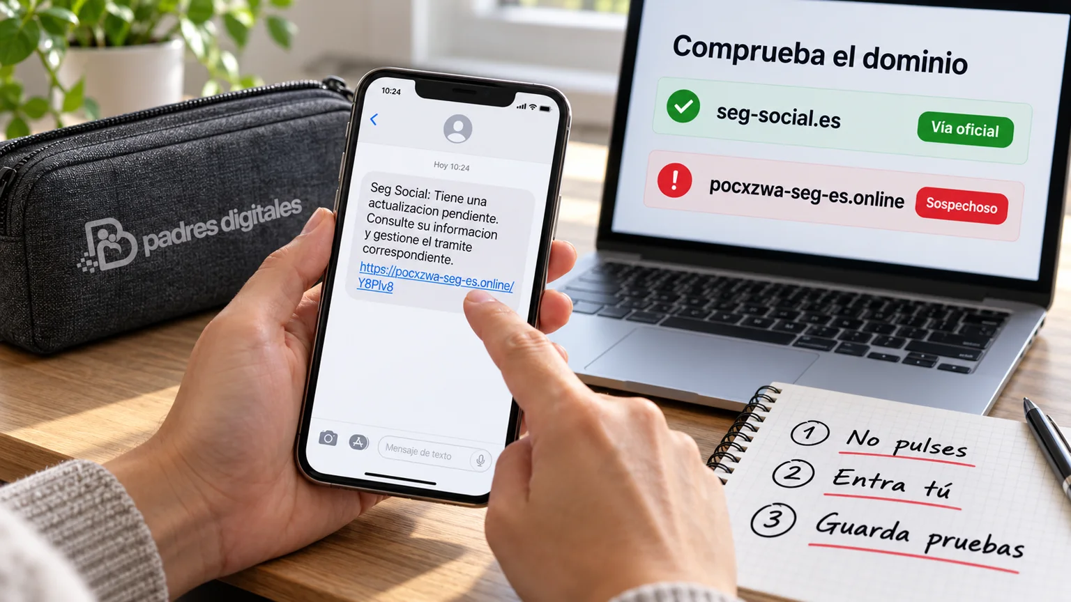 Persona comparando el dominio oficial seg-social.es con un dominio sospechoso en un SMS falso de TGSS