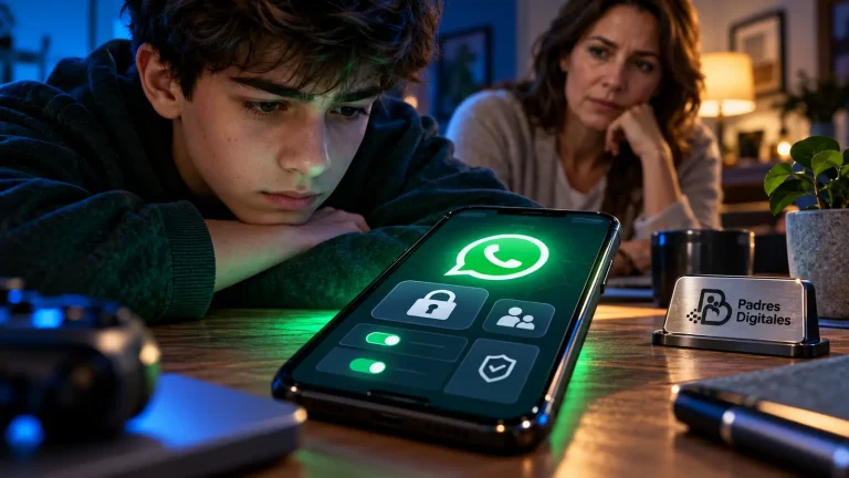 Adolescente mirando un móvil con iconos de controles parentales de WhatsApp mientras una madre observa, con el logotipo de Padres Digitales integrado en una placa metálica.