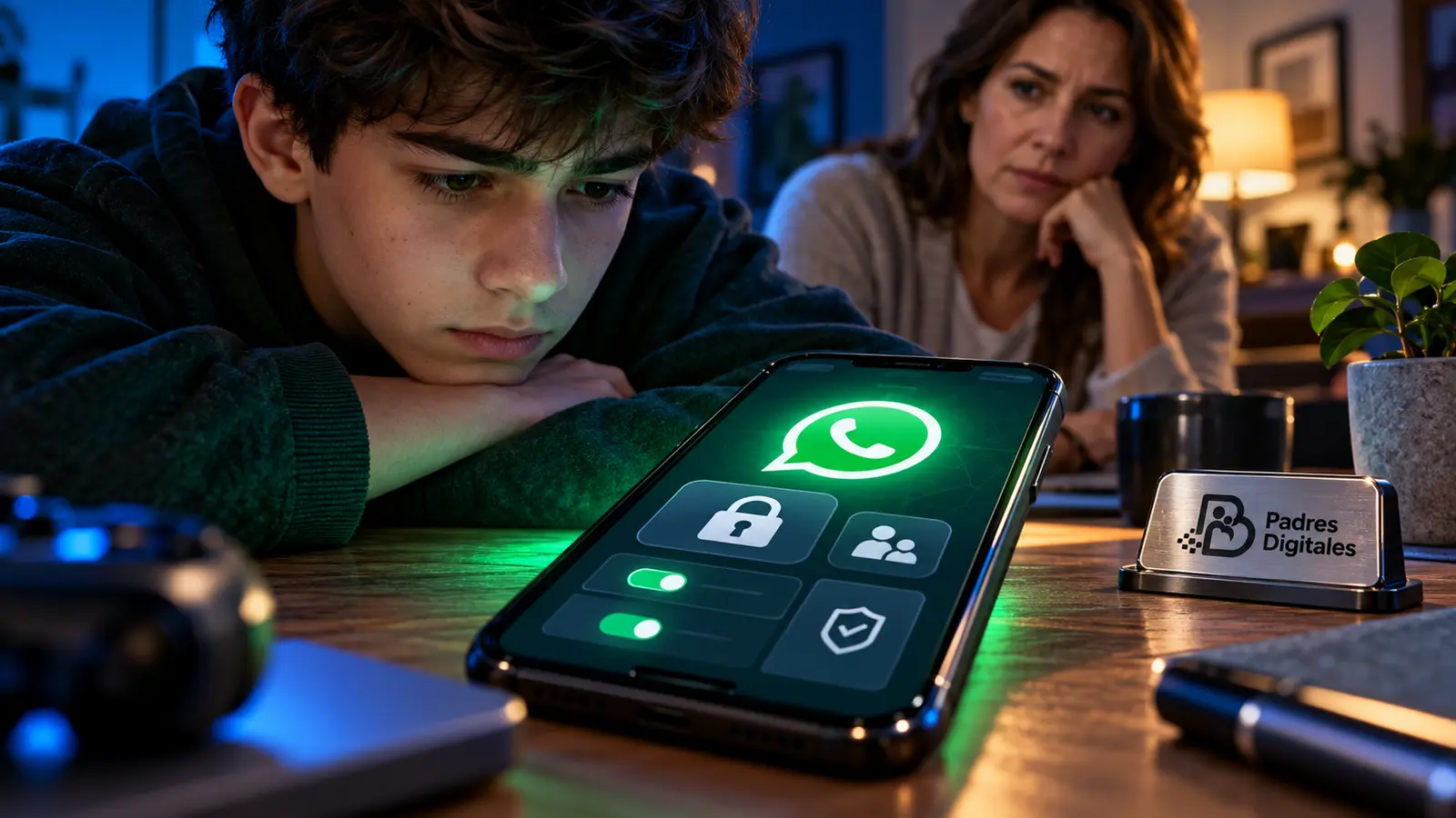 Adolescente mirando un móvil con iconos de controles parentales de WhatsApp mientras una madre observa, con el logotipo de Padres Digitales integrado en una placa metálica.