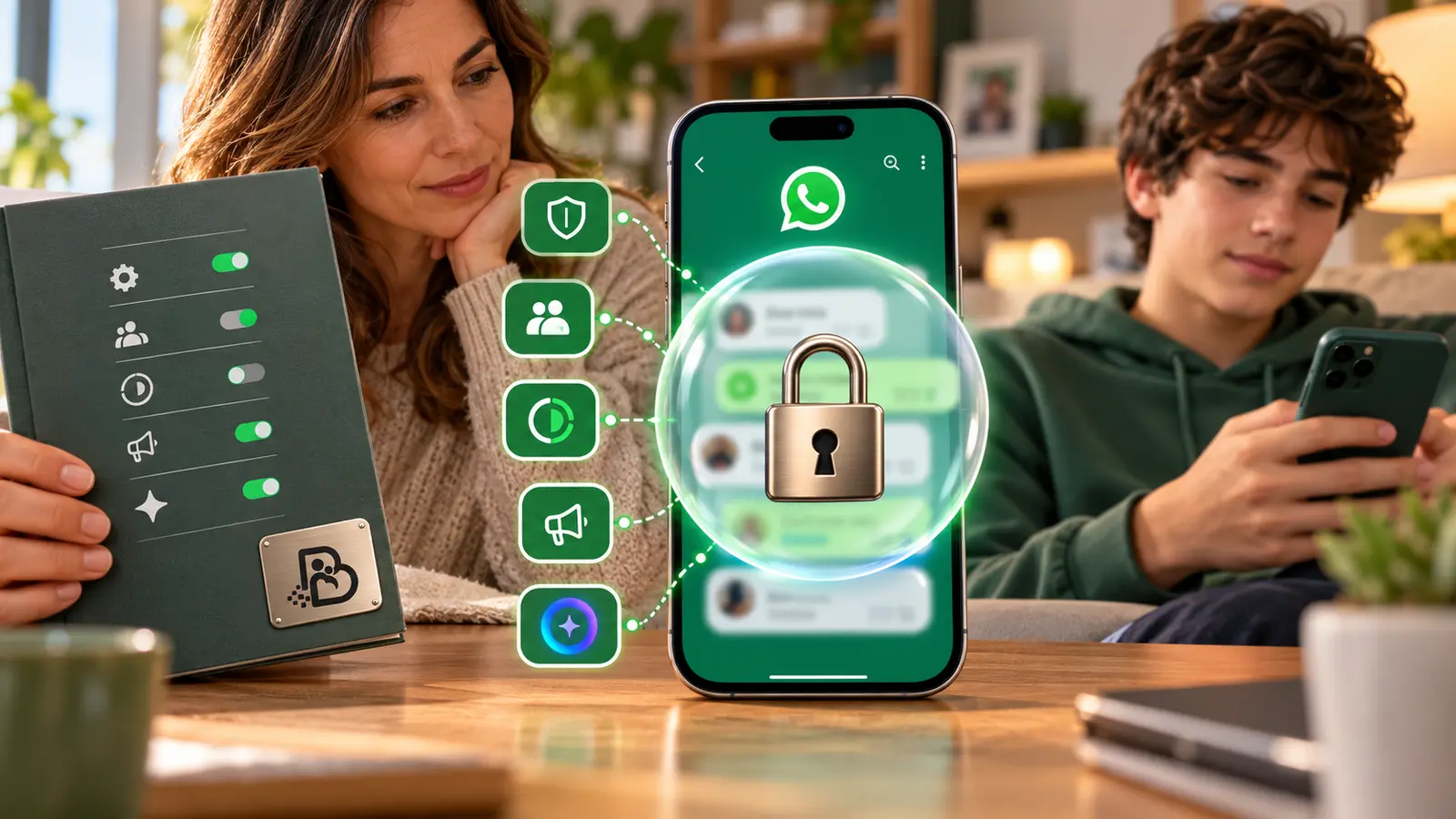 Móvil con WhatsApp, candado de privacidad y controles parentales, con el logotipo de Padres Digitales integrado en una placa metálica.