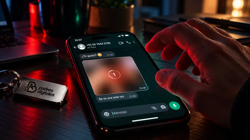 Foto de visualización única en WhatsApp usada como anzuelo de extorsión, con logotipo oficial de Padres Digitales integrado en un llavero metálico